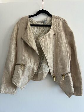 Vintage Charlotte Russe Metallic Cream Lace-Lined Moto Jacket